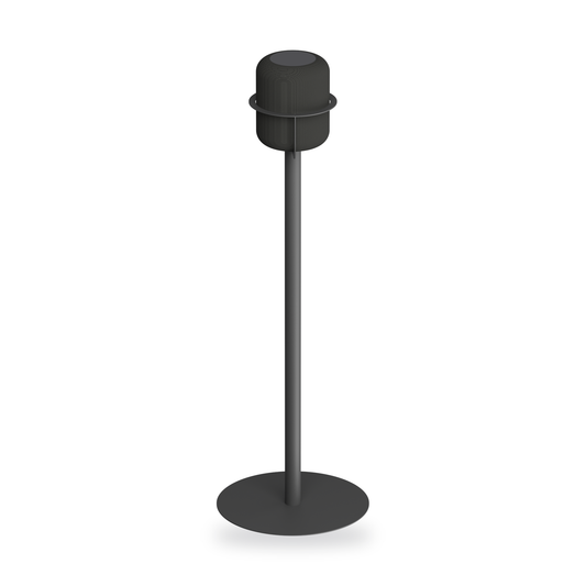 NoBox HomePod floor stand in black, holding an Apple HomePod at ear level