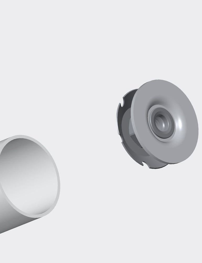 Exploded CAD render on a light grey ground: the open end of a white powder-coated NoBox stand post with its cable slot facing the camera, and the leveling-mount insert drawn clear, showing its threaded bore and barbed body
