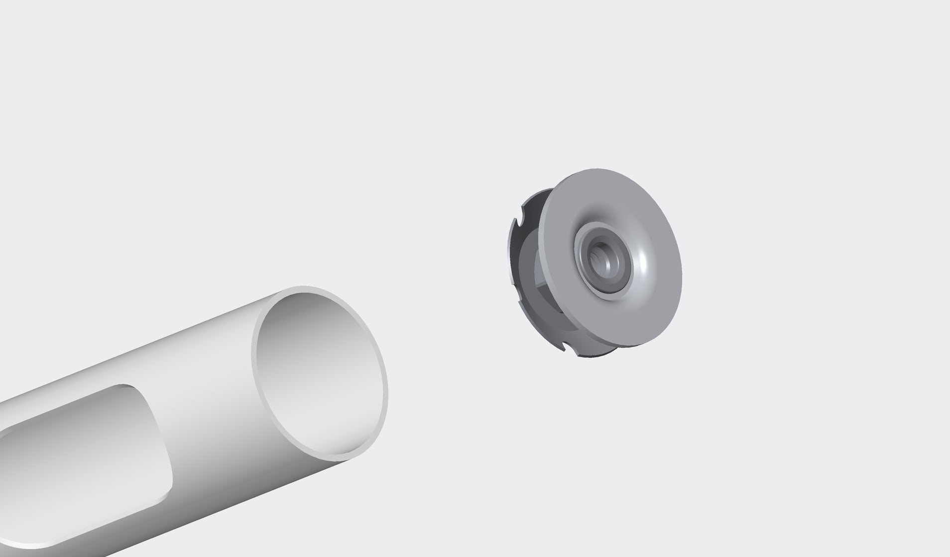 Exploded CAD render on a light grey ground: the open end of a white powder-coated NoBox stand post with its cable slot facing the camera, and the leveling-mount insert drawn clear, showing its threaded bore and barbed body