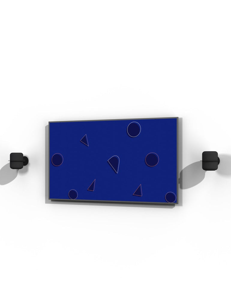 HomePod placement for TV: two HomePods on NoBox wall mounts, one each side of a wall-mounted screen, level with the middle of the TV and about four feet apart.