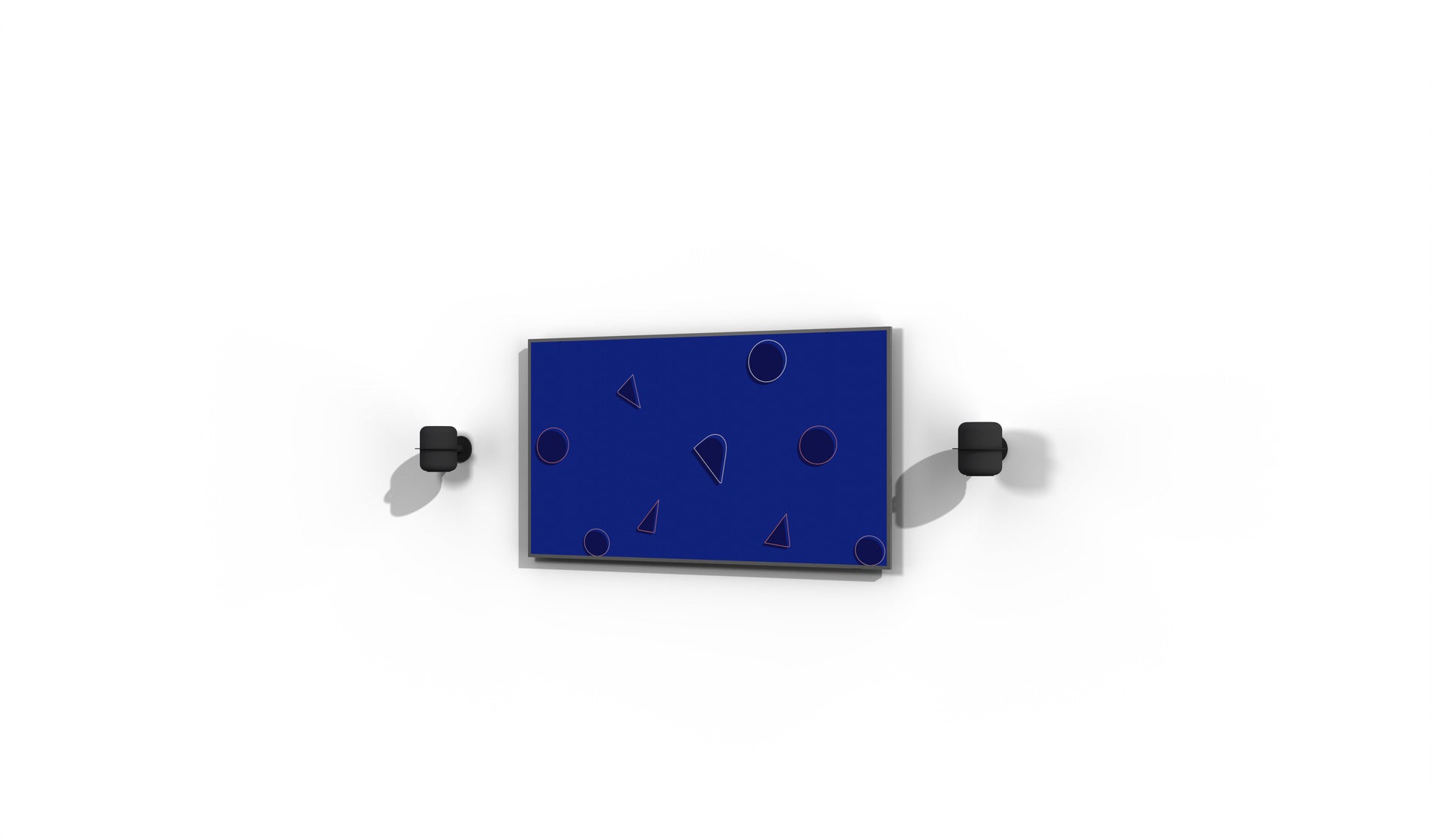 HomePod placement for TV: two HomePods on NoBox wall mounts, one each side of a wall-mounted screen, level with the middle of the TV and about four feet apart.