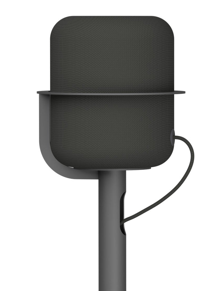 HomePod stand cable management: the cord leaves the speaker, drops in a curve, and enters a slot in the post.