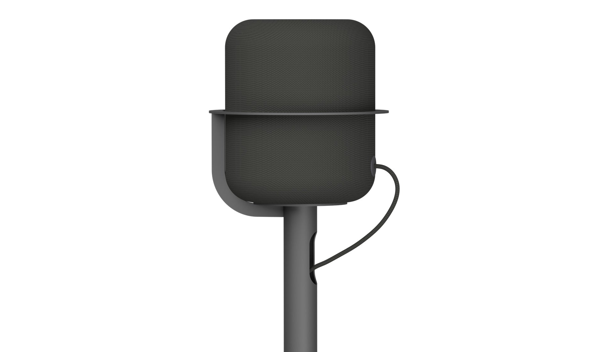 HomePod stand cable management: the cord leaves the speaker, drops in a curve, and enters a slot in the post.