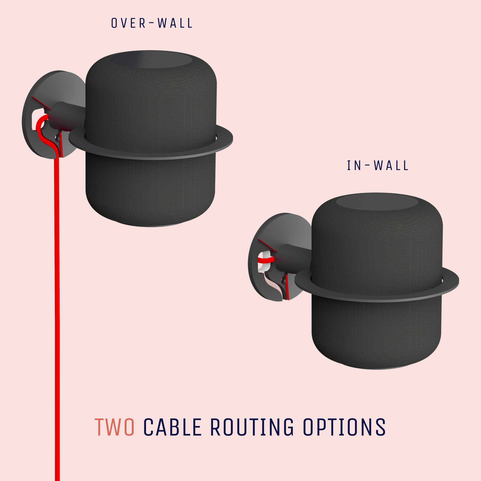 Two cable routing options: over the wall or through it, black mount