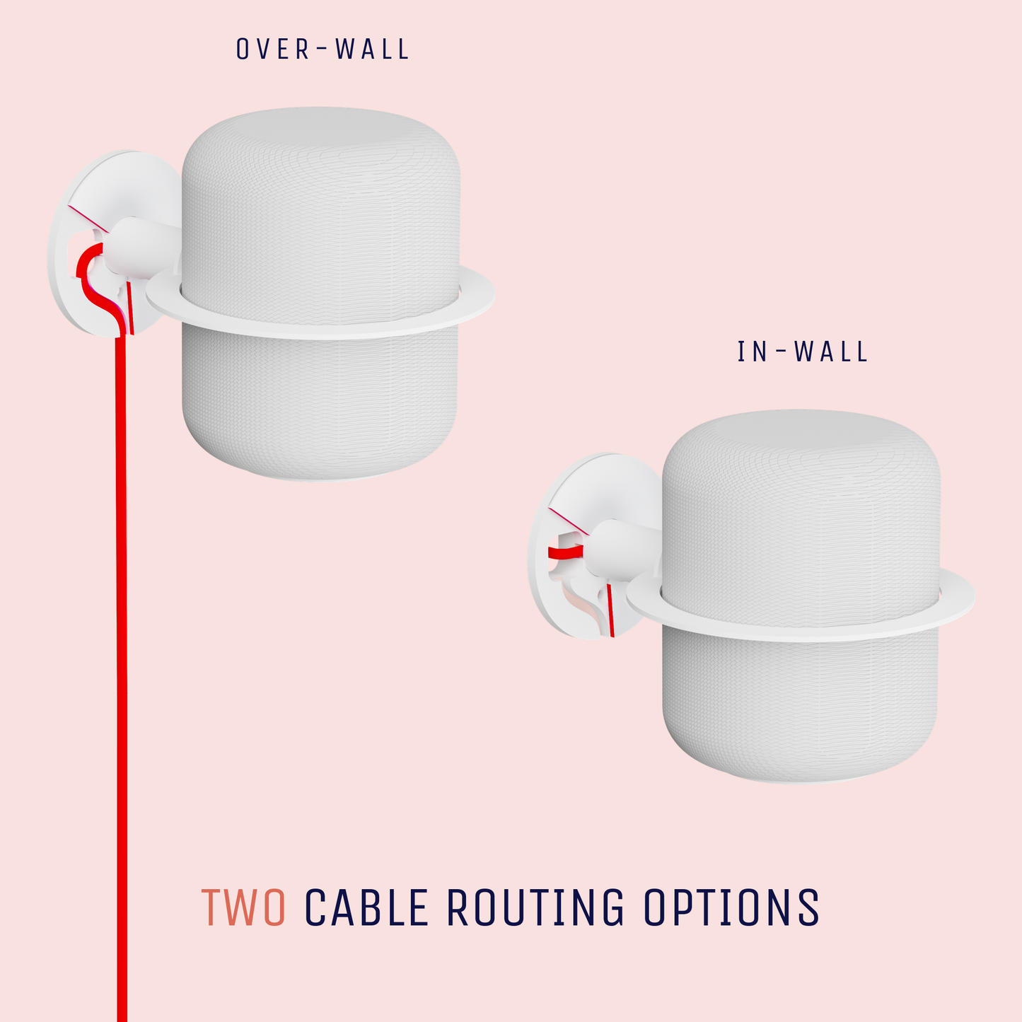 Two cable routing options: over the wall or through it, white mount