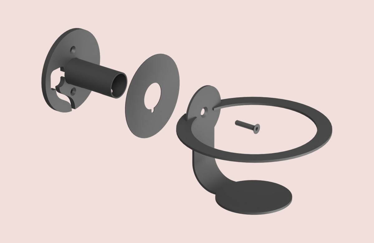 Exploded view of the NoBox HomePod wall mount — wall flange, spacer, perch ring and fastener separated along their axis
