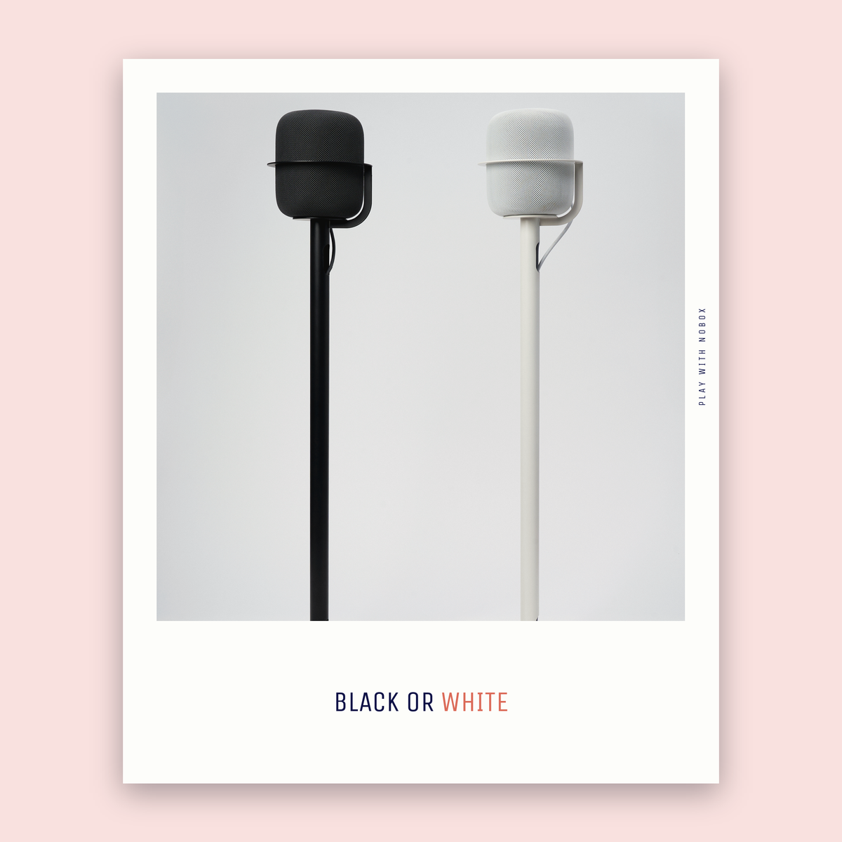 NoBox HomePod floor stands in black and white side by side