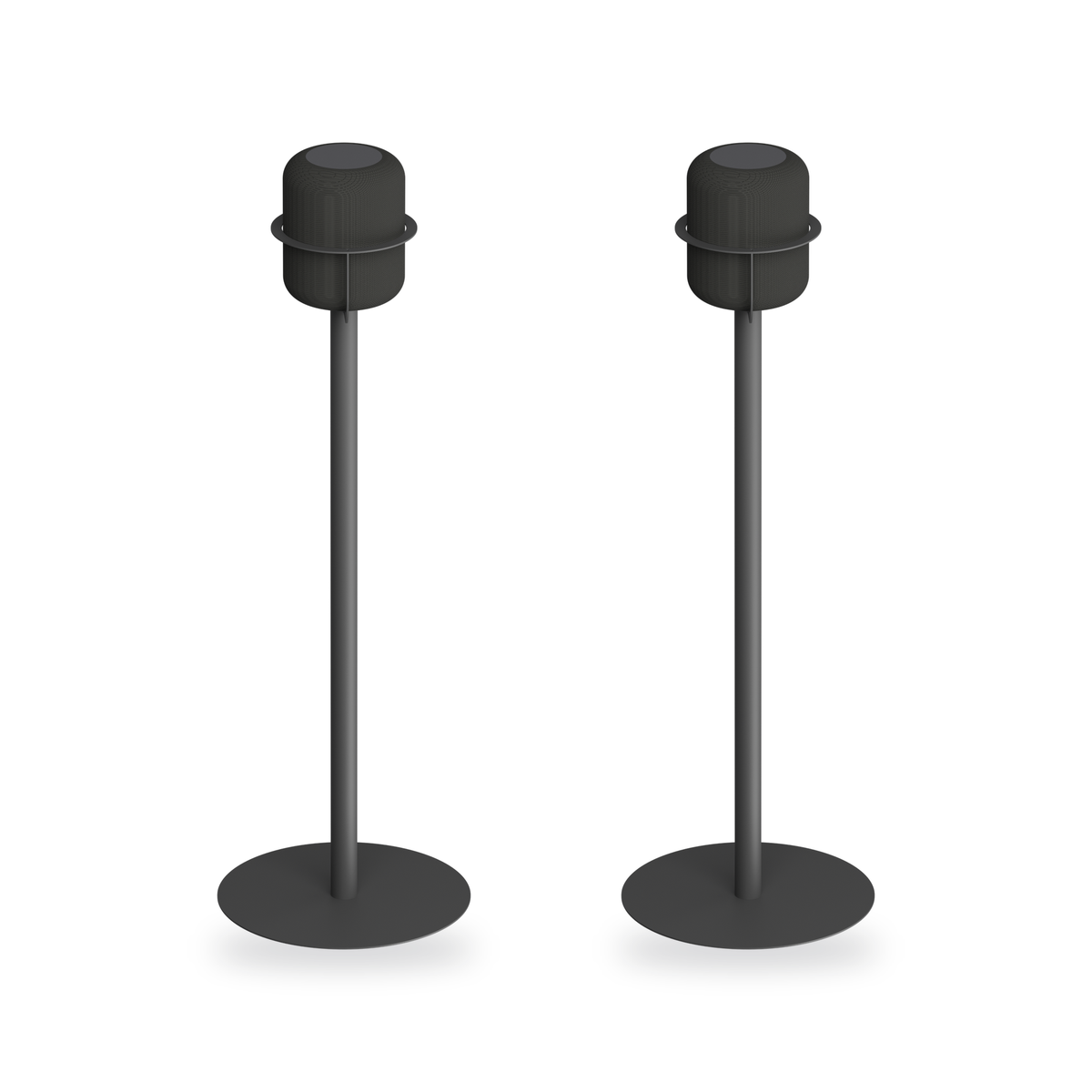 A matched stereo pair of black NoBox HomePod floor stands