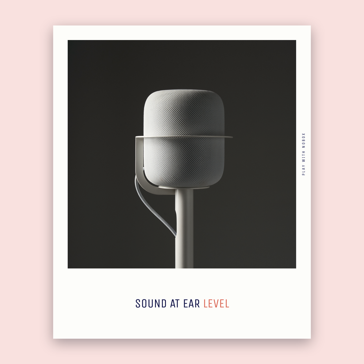 The white NoBox floor stand raising an Apple HomePod to ear level