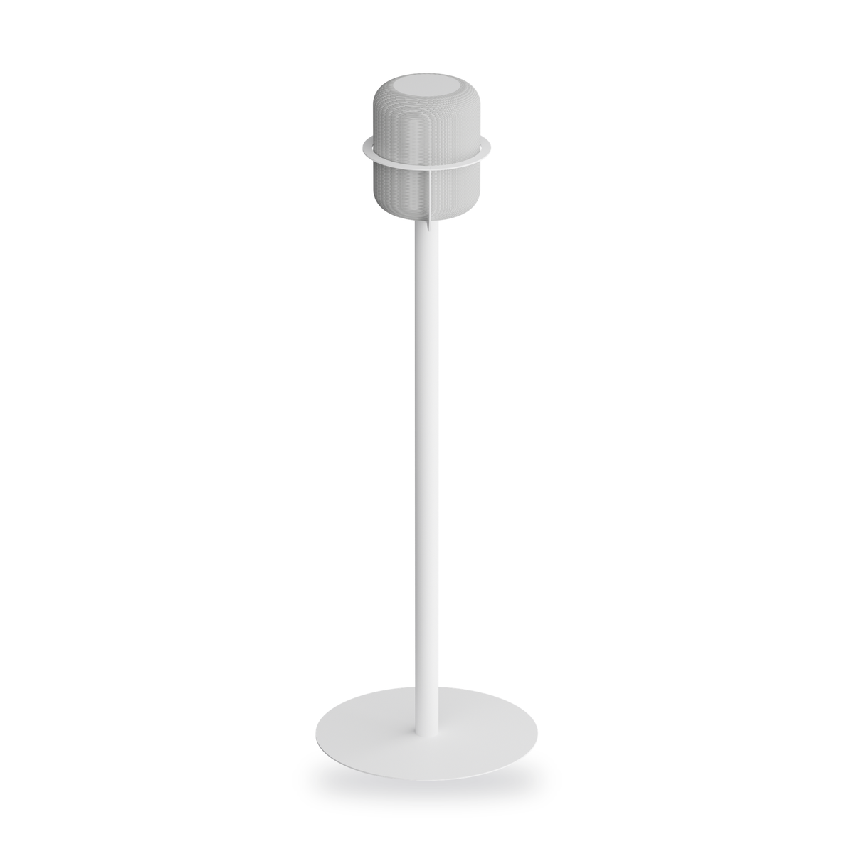NoBox HomePod floor stand in white, holding an Apple HomePod at ear level