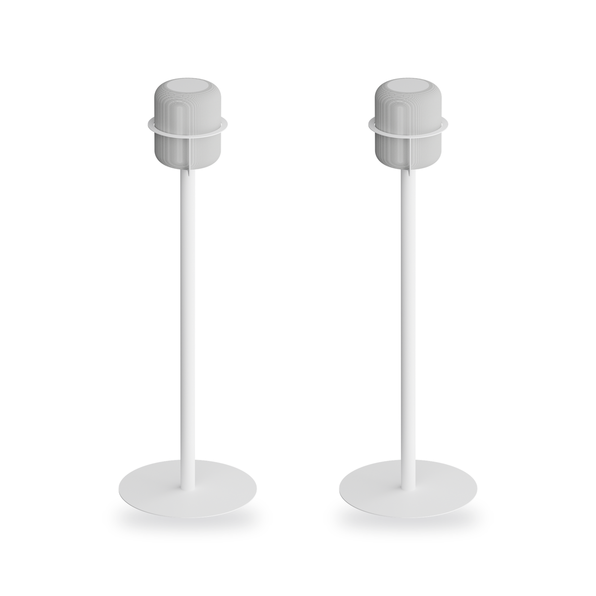 A matched stereo pair of white NoBox HomePod floor stands