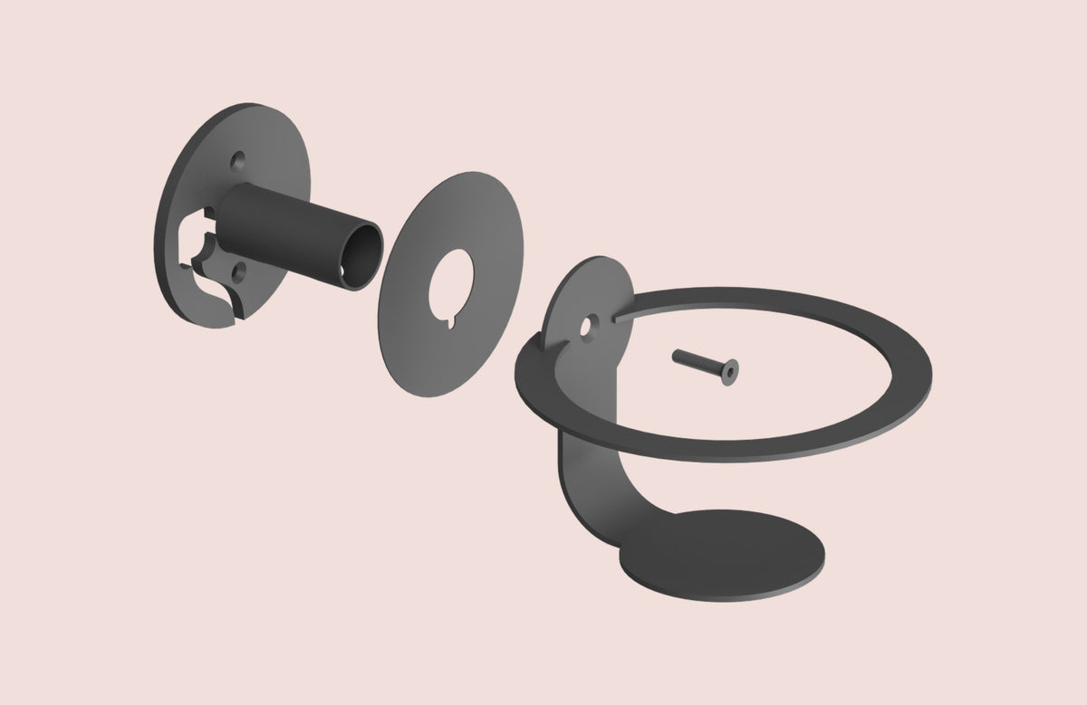 Exploded view of the NoBox HomePod wall-mount — wall plate, post, spacer, arm, retaining ring and screw laid out in assembly order on a blush ground