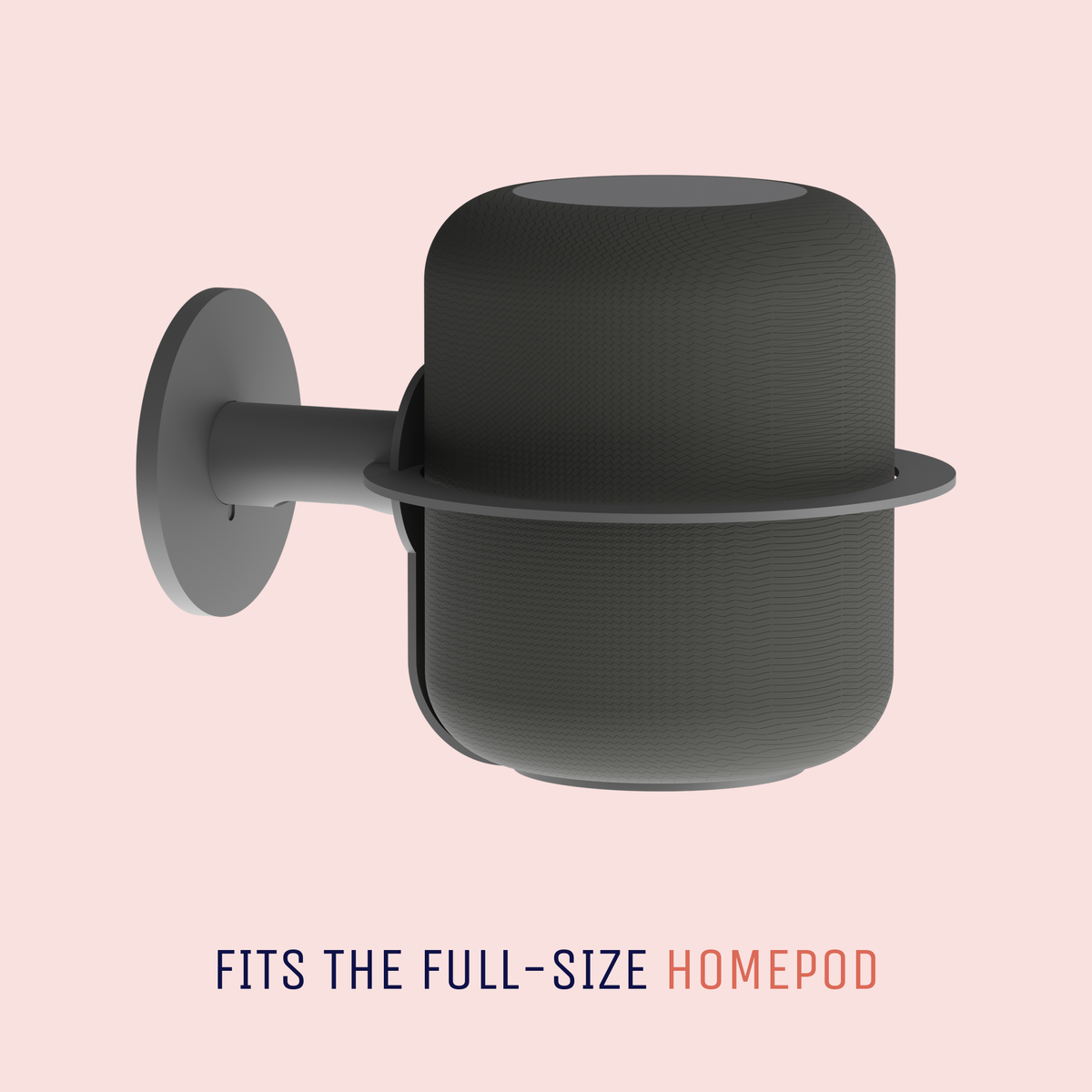 The black NoBox wall mount arm bent to follow the curve of the Apple HomePod