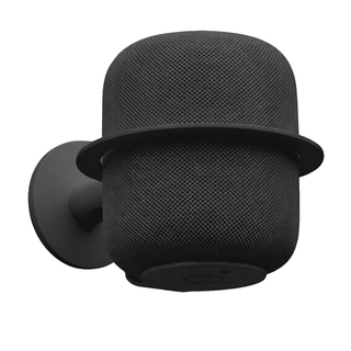 NoBox HomePod wall mount in black, holding an Apple HomePod