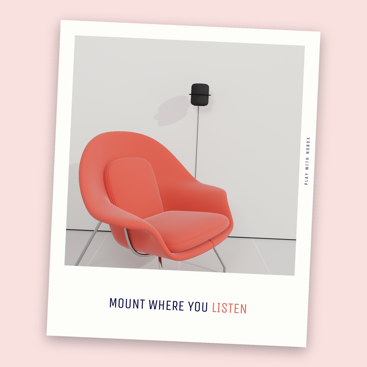 A black NoBox HomePod wall mount at ear level beside a lounge chair