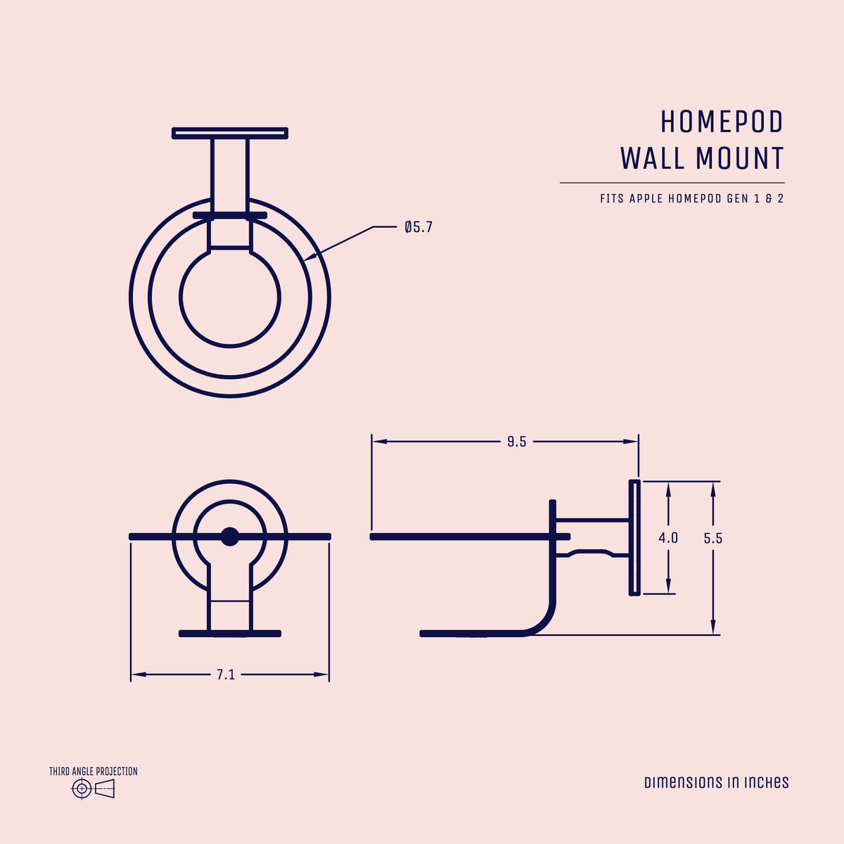 Dimensioned drawing of the NoBox HomePod wall mount: 9.5 in projection, 5.5 in tall, 7.1 in wide, 5.7 in ring diameter