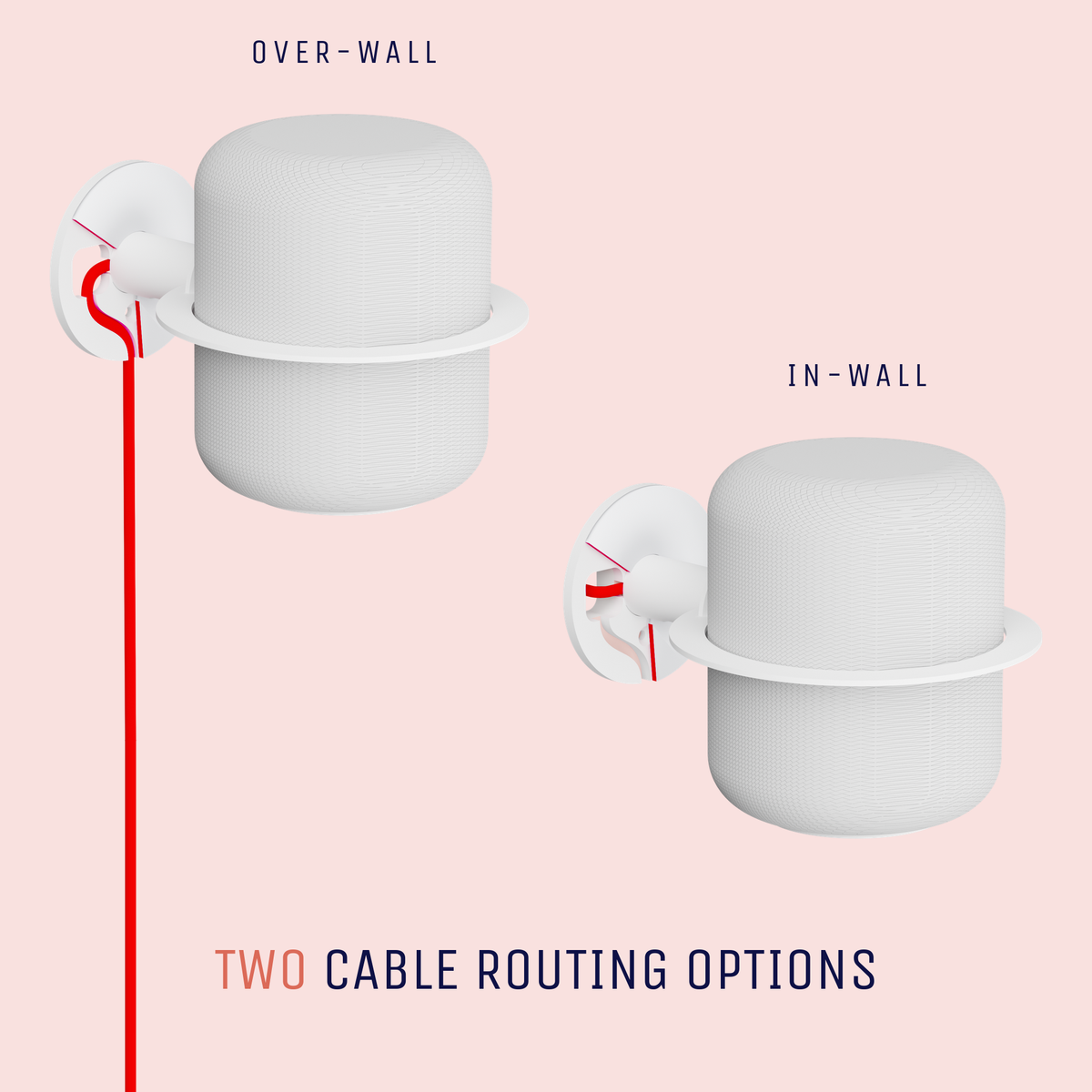 Two cable routing options for the white NoBox wall mount: over the wall, or through it