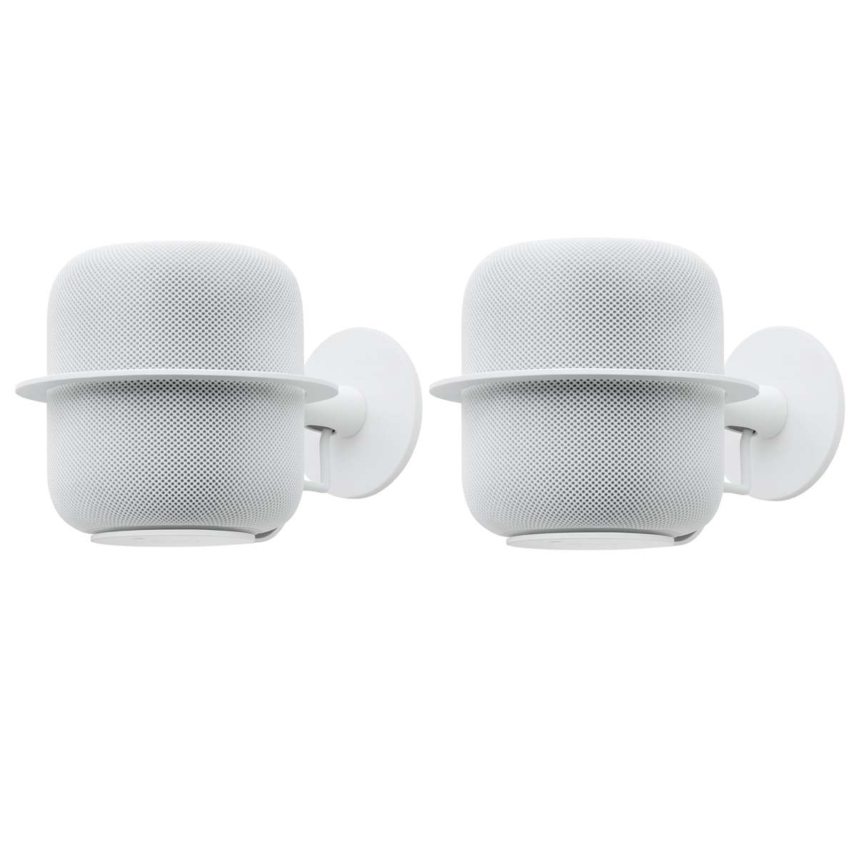 A matched pair of white NoBox HomePod wall mounts, each holding an Apple HomePod