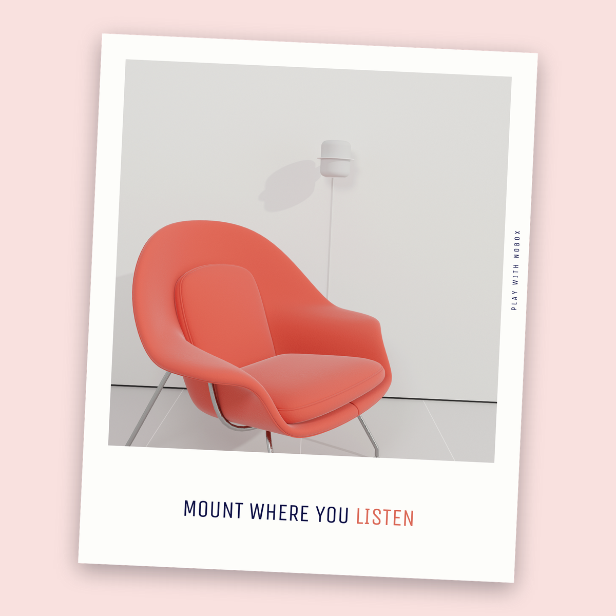 A white NoBox HomePod wall mount at ear level beside a lounge chair